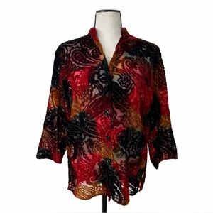JM Collection Velvet Blouse Burnout Paisley Small Boho Sheer Button Front Top